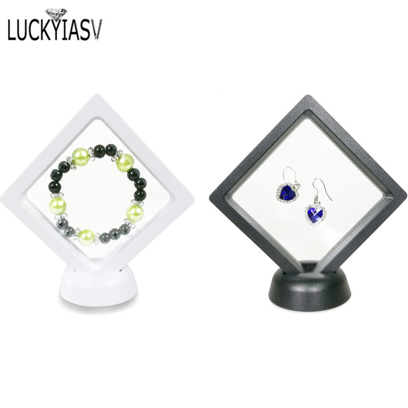 

Black White Plastic Suspended Floating Display Case 3D PET Earring Coin Gems Ring Jewelry Storage Stand Holder Box 9*9*2cm