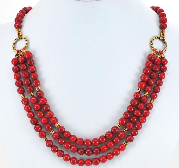 

3 Strands Red Coral Round Beads Gold Toggle Necklace 19" FREE SHIPPING, Silver