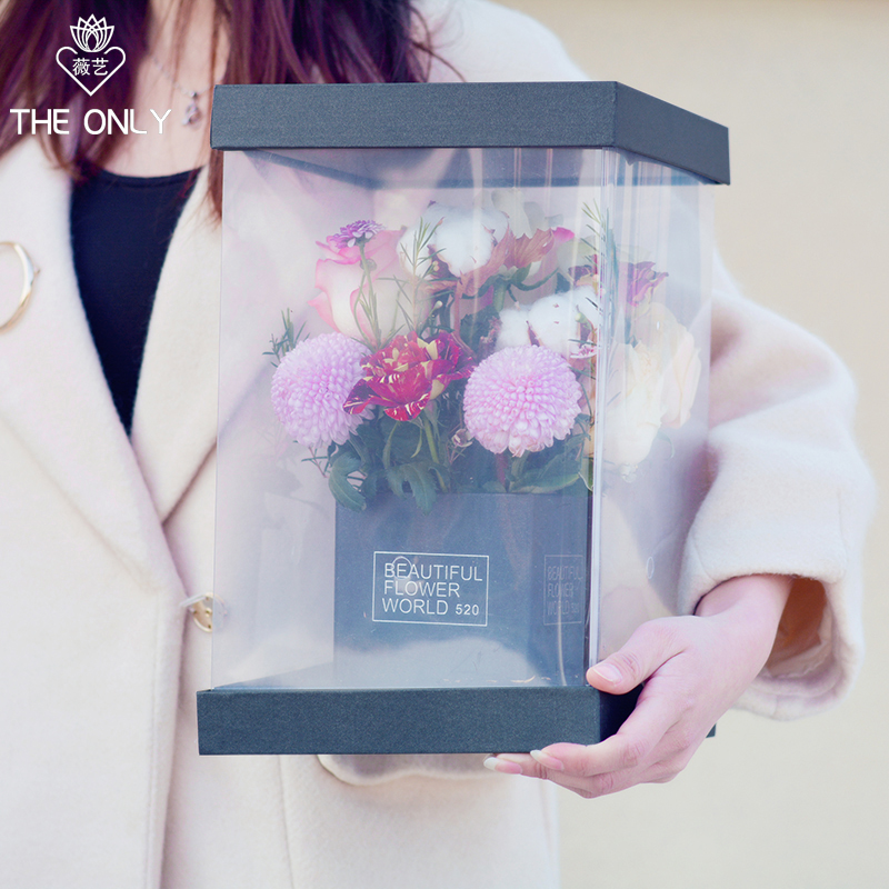 

2 PCS 20X20X30CM Square flower box folding section Korean bouquet flowers holding transparent flower box floral