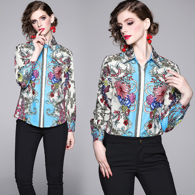 

Luxury Vintage Baroque Printed Shirts Spring Fall Women's Runway Long Sleeve Blouses Office Lady Business Sexy Slim Lapel Neck Shirt Tops, White