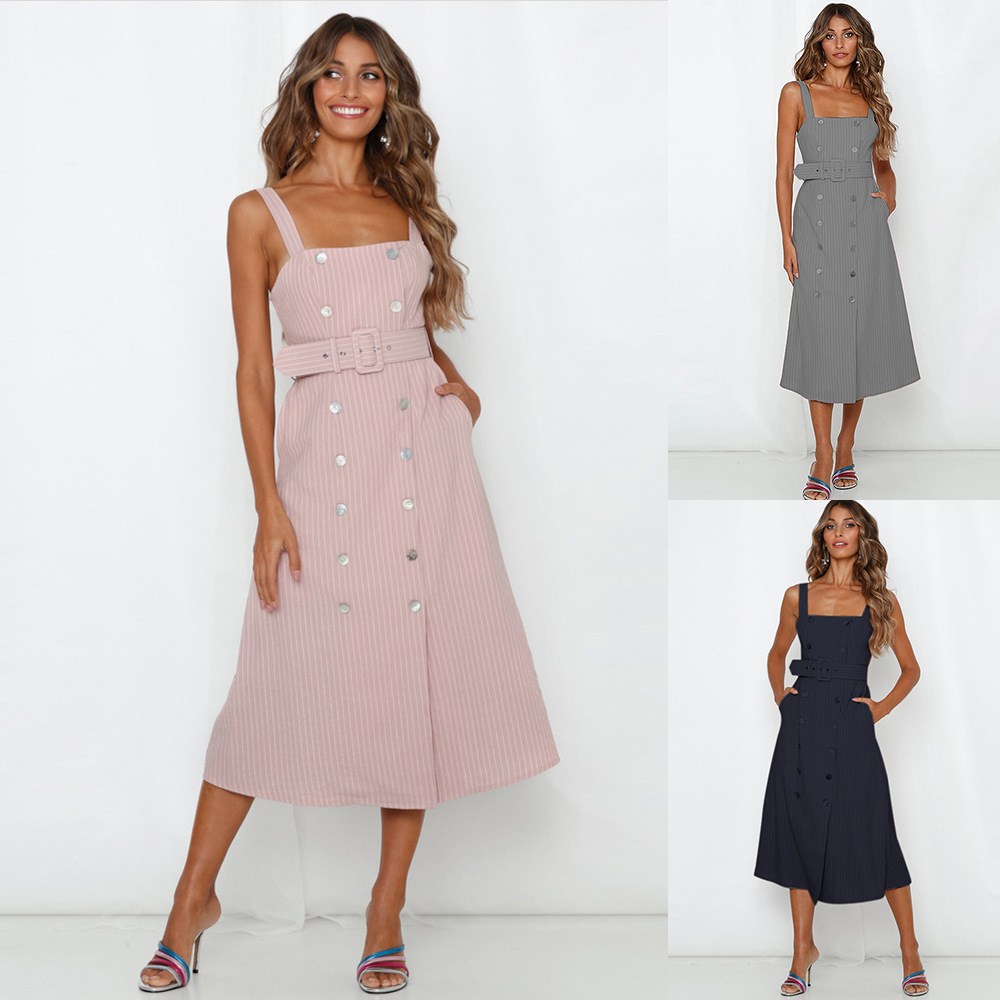 

New Women's Fashion Summer Brief Casual Dresses Lady Double-Breasted Wide Belt Pocket Stripe Sling Vest Sleeveless Midi Skirt Dress, Gray