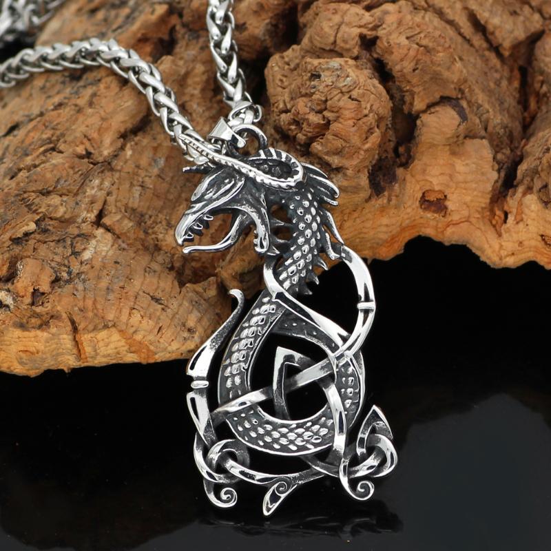 

Nordic Viking amulet drgon dreki Jormungand Knot stainless steel necklace with valknut rune gift bag