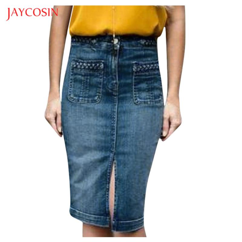 

Jaycosin Womens Fashion Summer Skirt 2020 Brand New Pocket Solid Casual Office Skirt Sexy Ladies Cotton Denim Knee Length, Blue