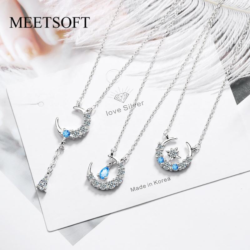 

MEETSOFT 925 Silver Pendant Necklace Minimalist Clavicle Chain Female Small Crystal Moon Star Blue Hollow Out Jewerly Gift