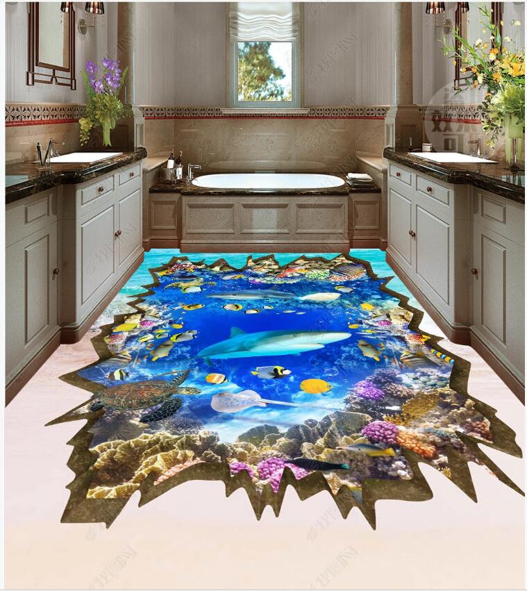 

3d pvc flooring custom photo Waterproof Self-adhesive floor Sea world shark fish living room home decor Vinyl wallpaper for walls 3 d, Blue