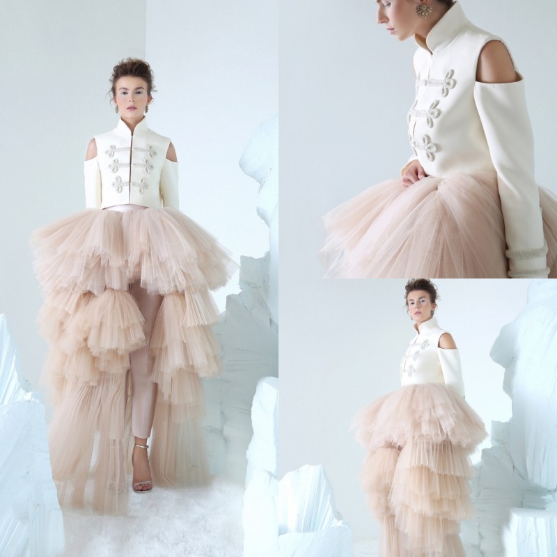 

2019 Azzi & Osta White Prom Dresses High Satin Tiered Skirts Women Jumpsuits Evening Dress Custom Made Special Occasion Party Gowns, Pink