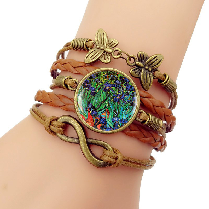 

Van Gogh Blue Iris Flower Time Bracelet Multi-storey Cortex Glass Group Combine Hand Decorate