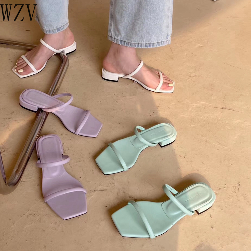 

2020 New Summer Slippers Square Low Heel Slides Female Peep Toe Sandal Vacation Outdoor Shoes Narrow Band Flip Flops Shoes, Green