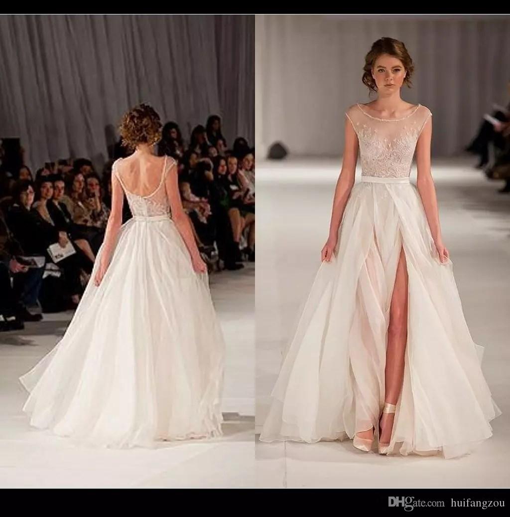 

Paolo Sebasatian Beach Wedding Dresses Illusion Lace Applique Sheer Neck Bridal Gowns Side Split Floor Length Sexy Boho Wedding Dresses, Black