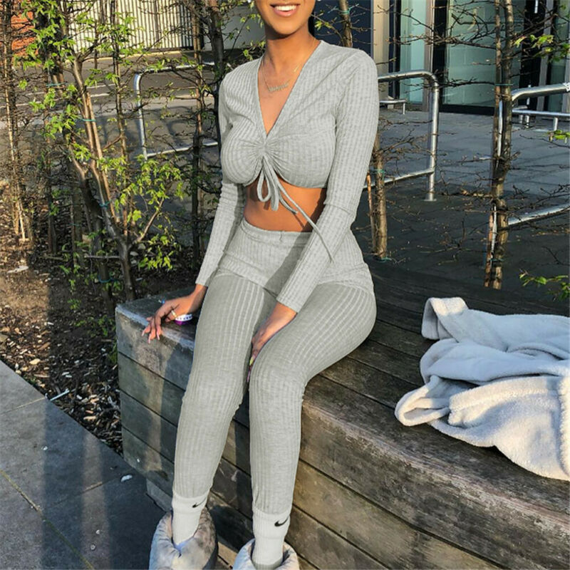 

Goocheer Women Knit Crop Top Lounge Wear Suit Ladies Workout 2pcs Tracksuit Set Casual Fitness Women Set, Gray