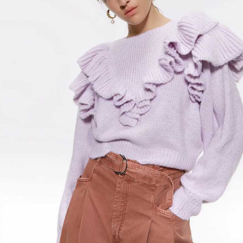 

Lady Vintage Ruffles Short Knitted Sweater Women 2019 autumn winter sweater O Neck Long Sleeve Pullovers Chic Tops, Purple