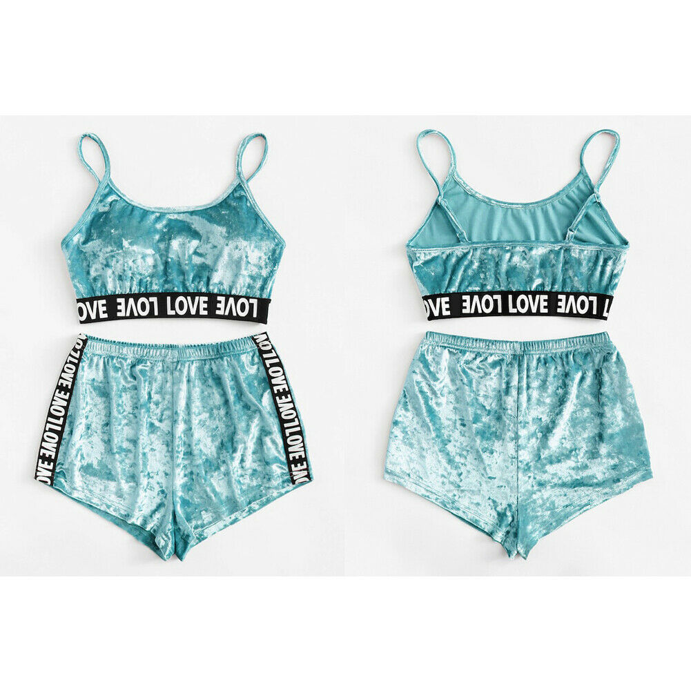 

2pcs Velvet Sleepwear Sets Womens Fashion Nightwear Two Piece Suits Summer Spaghetti Strap Shorts Pajamas Girl Underwear GGA3490-2, Green