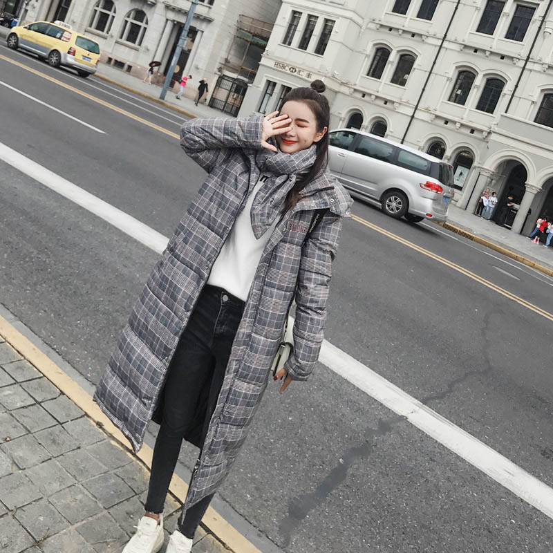 

Winter Down Cotton Jackets Long Sleeve Hooded Plaid Thick Warm Down Women Coat Korean Slim Long Parka Coat Female 2019 New, Green