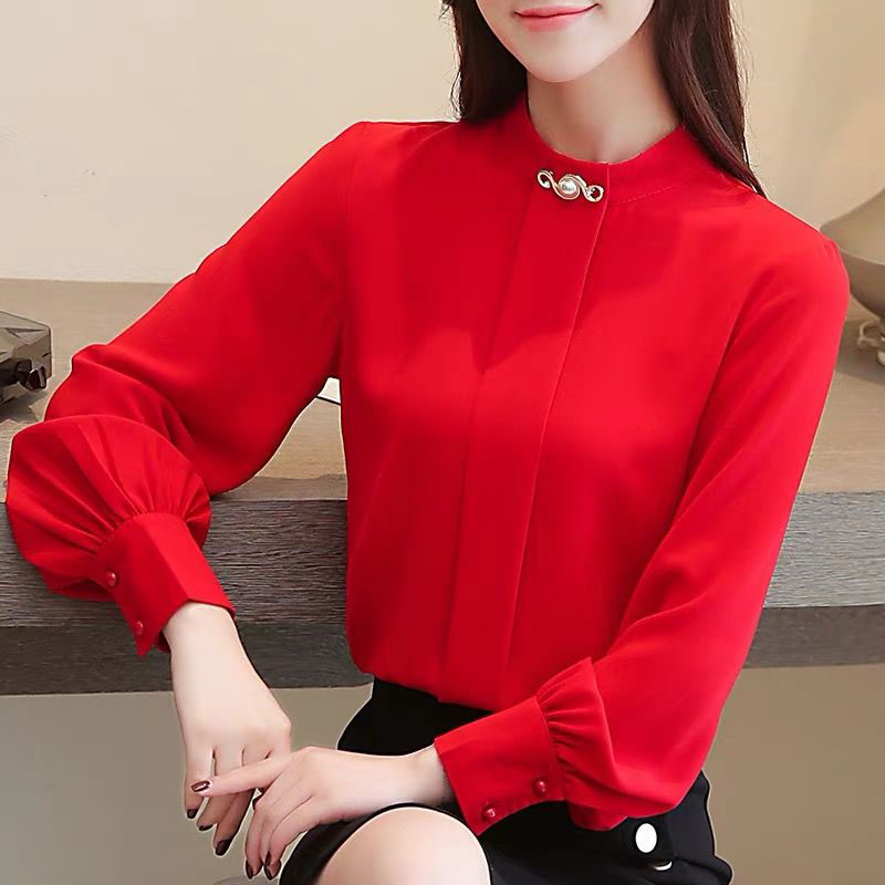 

Spring Autumn New Korean Chiffon blouse Shirt White Shirts Stand Collar Long Sleeve Womens Tops and Blouses