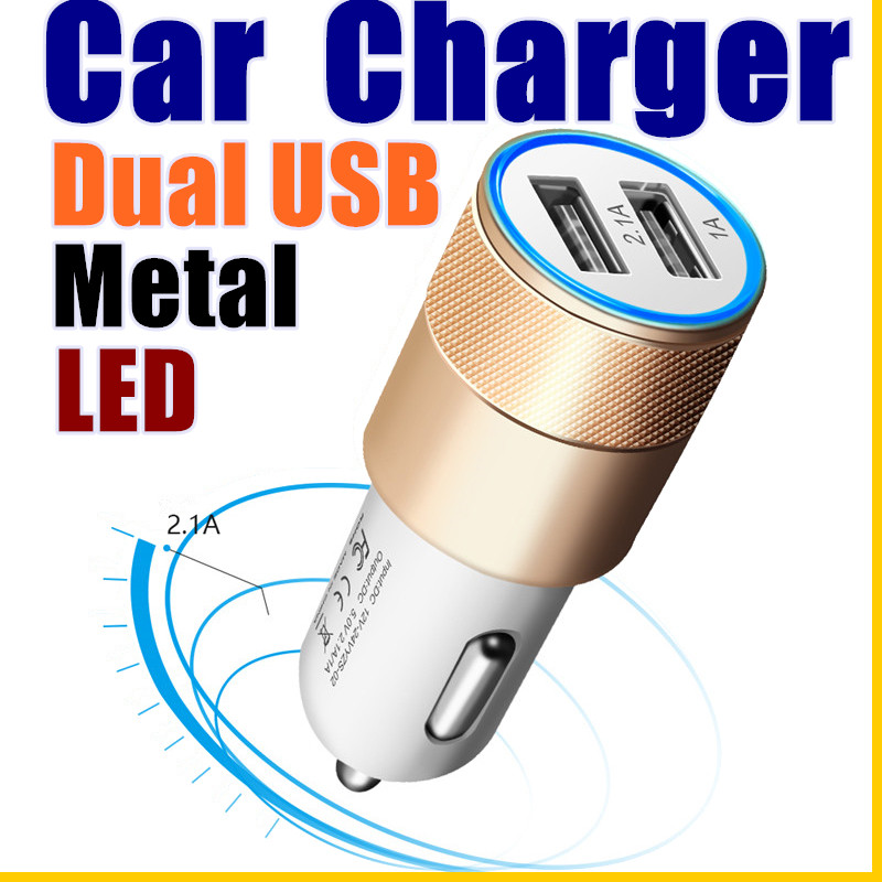

818 Metal Dual USB Port Car Charger Universal 2.1 A Led Charging Adapter For smart phone and tablet pc