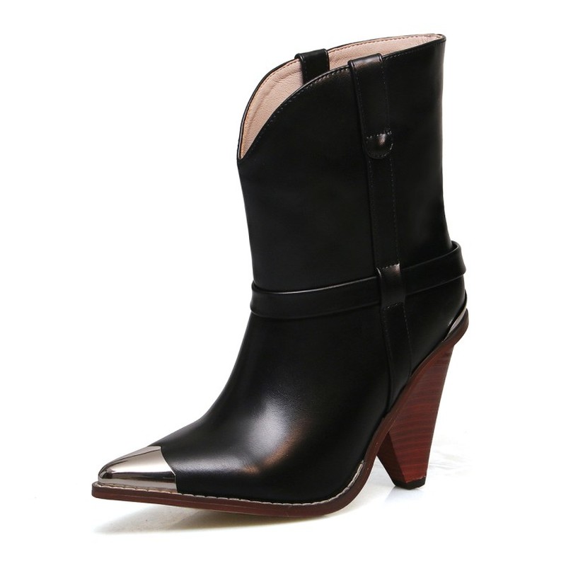 

US4-11 Womens Pointed Metal Toe Ankle Boots Genuine Leather Spike High Heels Pull On Western Shoes 5Colors Plus Size New C867, Black