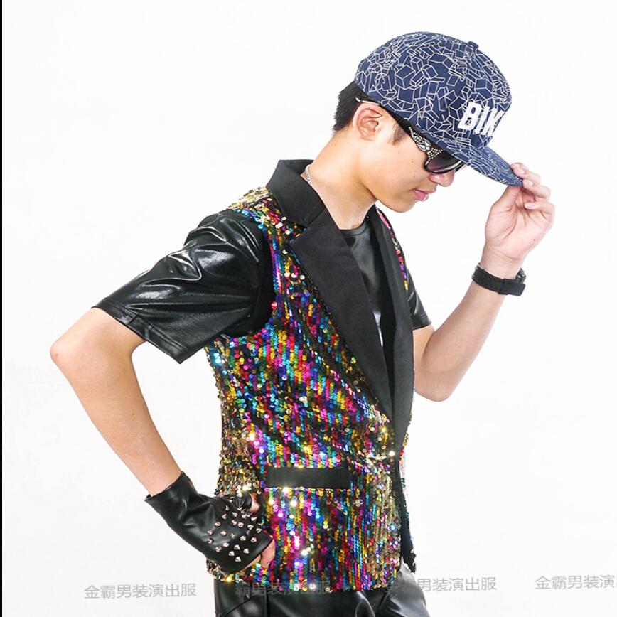 

5XL Bar nightclub men singer DJ Bar vest male singer host performance costume sequin vest men' stage costume trend, Picture color