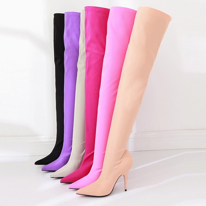 

Women Boots Silk Elastic Over the Knee Boots Women Stiletto Heel Thigh High Botas Mujer Candy Color Wedding Party Dress Shoes
