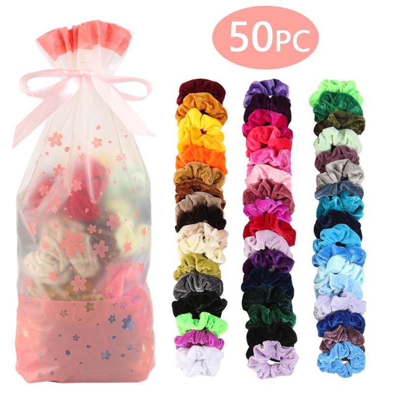 

50 Colors Vintage Hair Scrunchies Stretchy Velvet Scrunchie Pack Women Elastic Hair Bands Girl Headwear Plain Rubber Ties