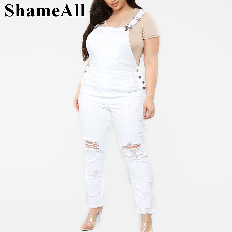 

Plus Size Ripped Holes Stretch Skinny White Denim Jumpsuits 4XL 5XL Summer Streetwear Fringe Tassel Stretch Jumpsuit Mom Jean