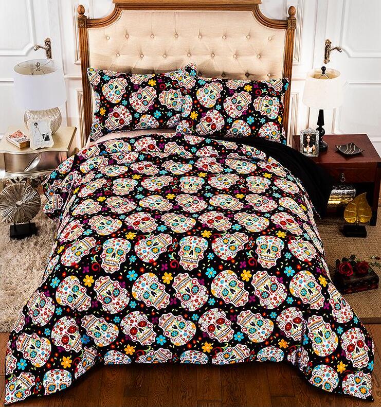 

3 pieces American and European Style Skull Print Bedding Set One Duvet Cover and two Pillow Covers Six sizes Bed Covers Home Textiles GC 022, As picture