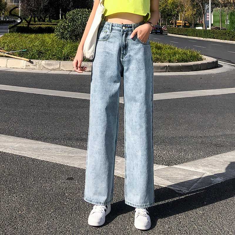 

Straight high waist jeans woman plus size mom jeans women trousers full length denim pants solid wash korean fashion clothing, Skyblue