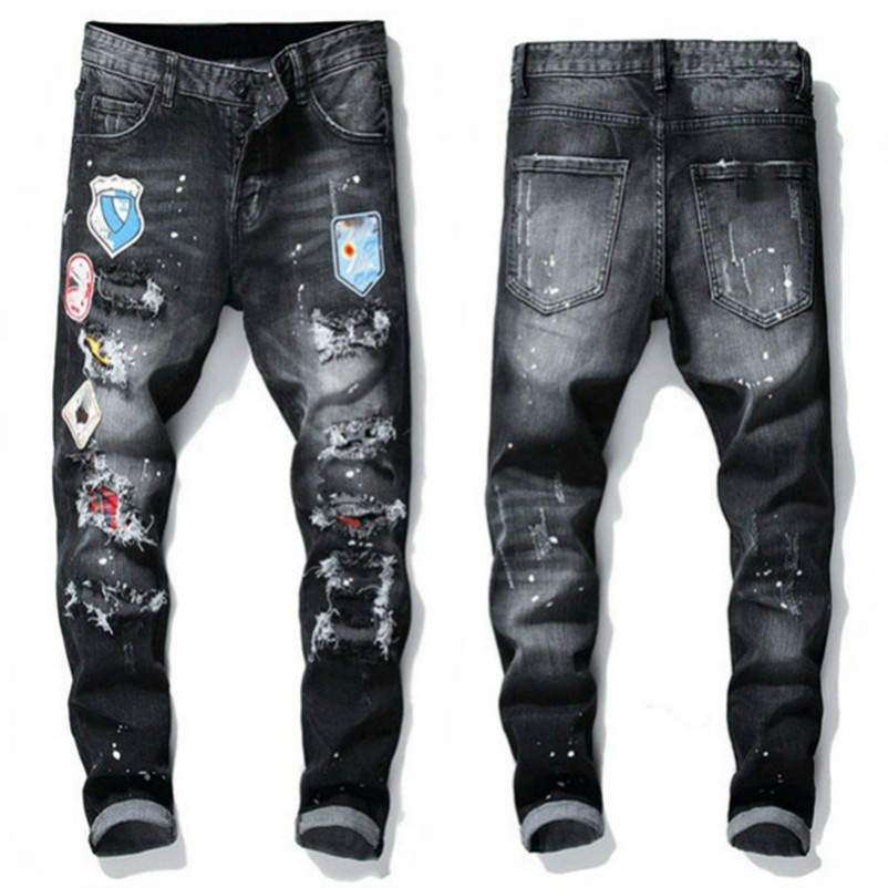 

Mens Jeans men jean Hip hop pants street trend Zipper chain decoration ripped Rips Stretch Black Fashion Slim Fit Washed Motocycle Denim Panelled Trousers sssss, 1012