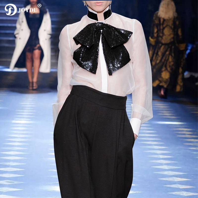 

JOYDU Runway Shirt Womens Tops and Blouses Perspective Organza Bow Sequins Long Sleeve Sexy Blouse 2019 Fashion Spring Shirts, White