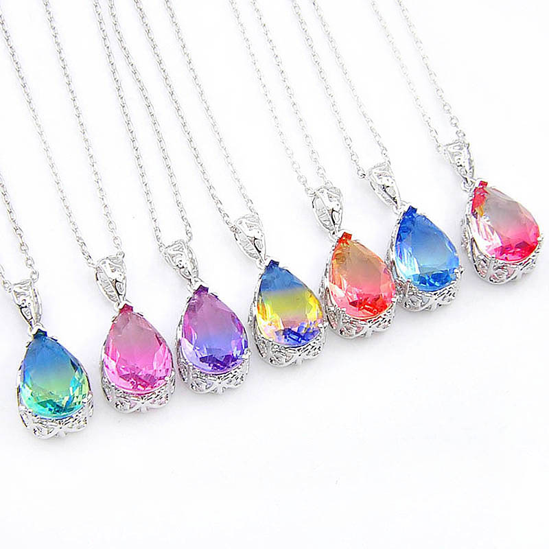 

Engagement Gift 925 Sterling Silver Necklace Water Drop Bi-Colored Tourmaline Women Fashion Pendant Necklace Australia US Holiday Party
