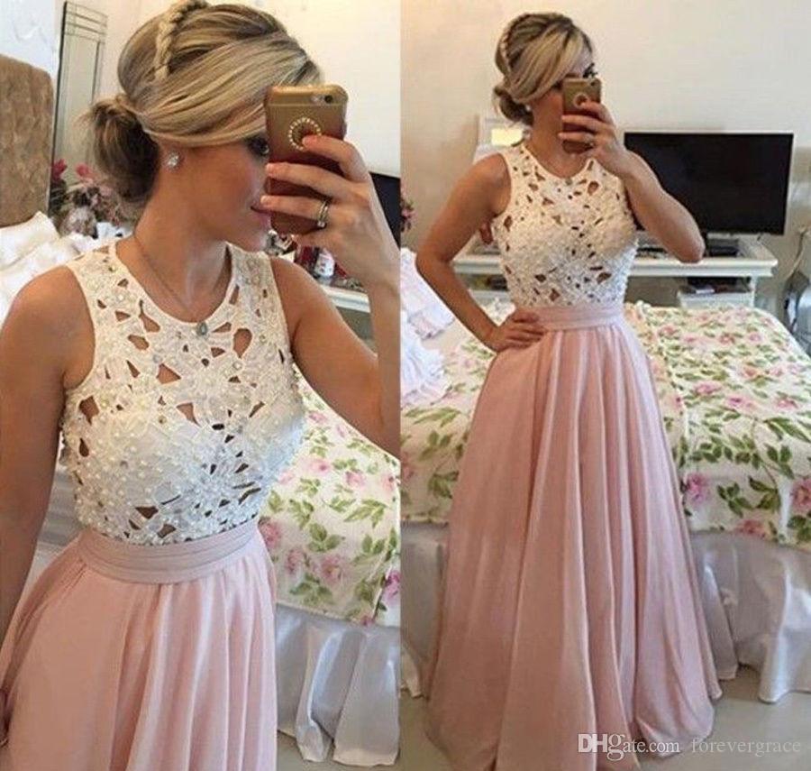

2019 Pink Chiffon Lace A Line Prom Dress Sleeveless Long Formal Holidays Wear Graduation Evening Party Gown Custom Made Plus Size, Champagne
