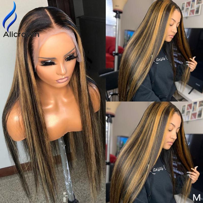 

ALICROWN Ombre Highlight Straight13*6 Lace Front Human Hair Wigs Brazilian Non-remy 150% DensityWith Baby Hair Bleached Knots, 13x4 lace