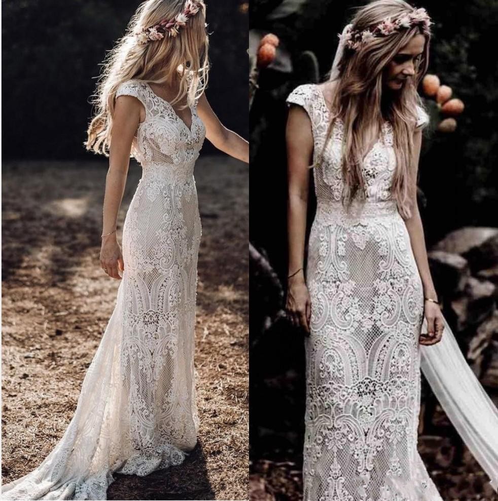 

(Free Veil) V Neck Lace Country Wedding Dress 2021 Cap Sleeves Bohemian Appliques Sweep Train Bridal Gowns Backless Boho Garden robes de mariée Plus Size AL3184, Champagne