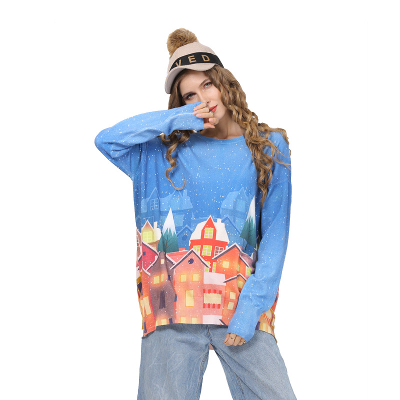 

Autumn Digital Print Sweater Women Pullover Base Shirt 2020 Loose-Fit Mid-length Sweater Tops Jumper Pull D6330, Blue