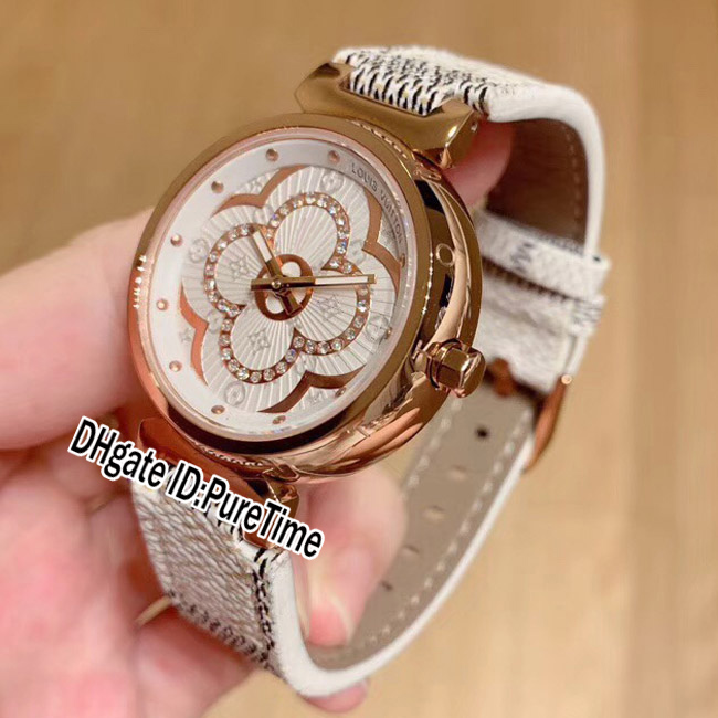 

New Swiss Quartz Womens Watch Rose Gold Flower With Diamond Dial Leather Strap Ladies Watches Fashion Lady Puretime L01a1, Slivery;brown