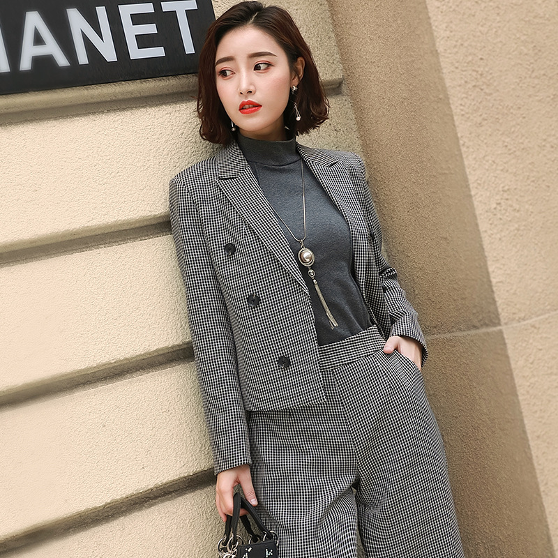 

Women' suit 2019 autumn new fashion casual temperament Slim small lattice suit trousers double-breasted two-piece