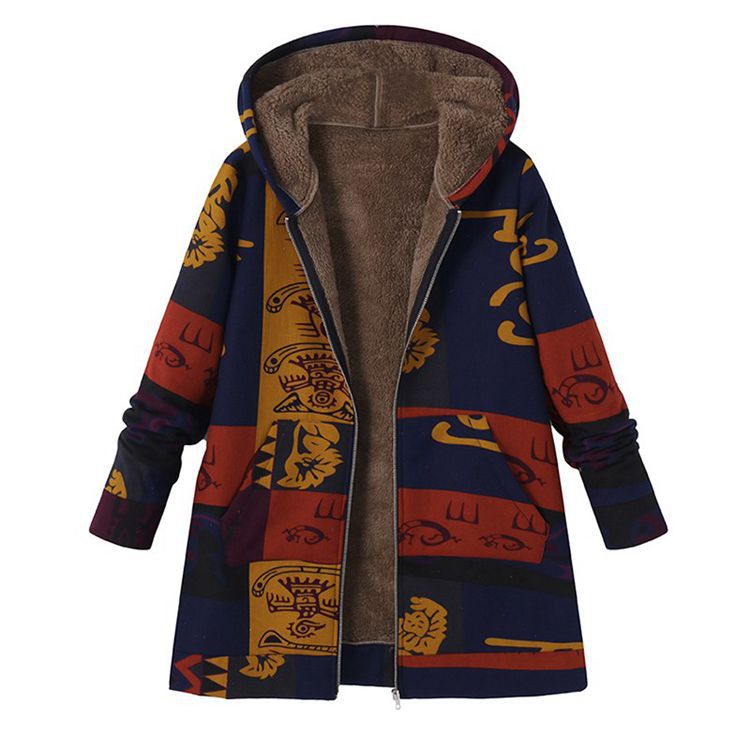

Women Winter Thickening Graffiti Jacket Warm Fleece Hooded Outerwear Parkas Long Coat Hooded Thick Parka Jacket Overcoat Abrigos, Blue