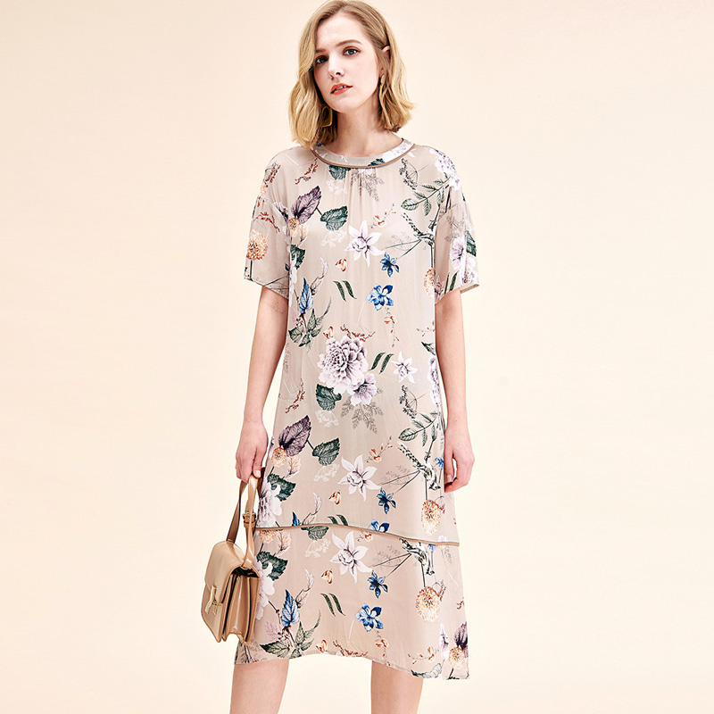 

100% Natural Silk Women' Runway Dresses O Neck Short Sleeves Floral printed Elegant Fashion Summer Dresses, Multi