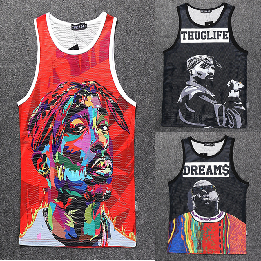 

Fashion-Wholesale- New men/womens 3D Vest character print Tupac 2Pac/Biggie Sleeveless shirts tank top summer sports Basketball Jersey, White;black