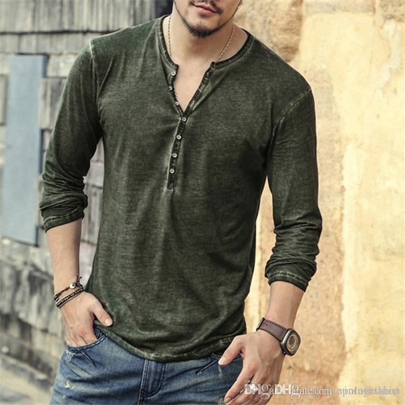Manches T-shirt Designer solide avec bouton Décoration Tops Homme Do Old Casual Mode Hommes Tissu longue