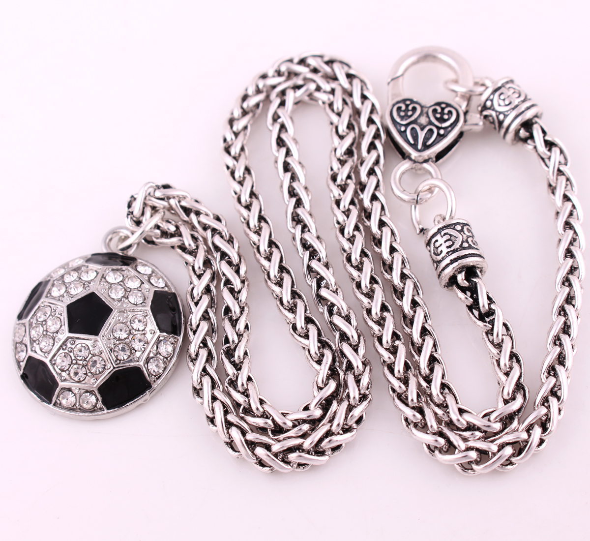 

HL21 fashion sport rhodium plated black enamel soccer with crystal pendant necklaces, Silver