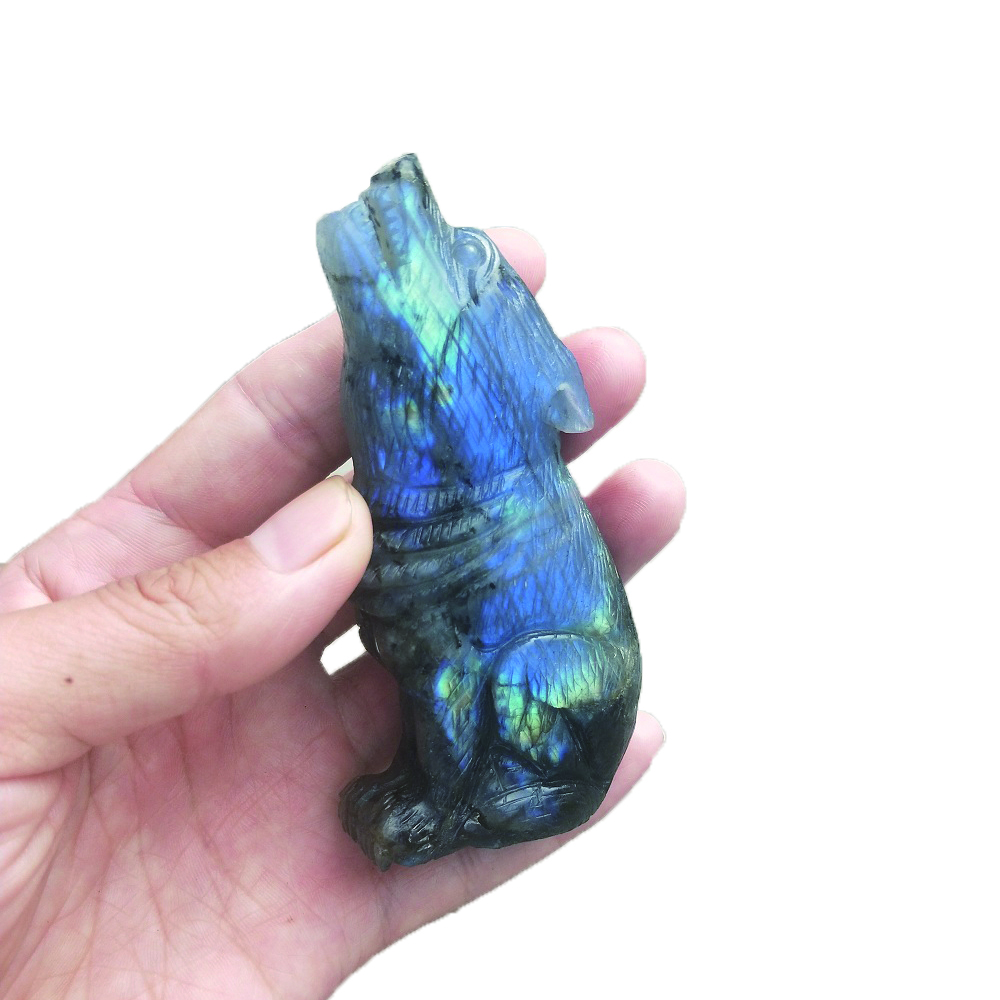 

Natural Crystal Stone Labradorite Sculpture Wolf Hand Carved Reiki Quartz Mineral Gemstone Animal Statue Home Decoration Gift