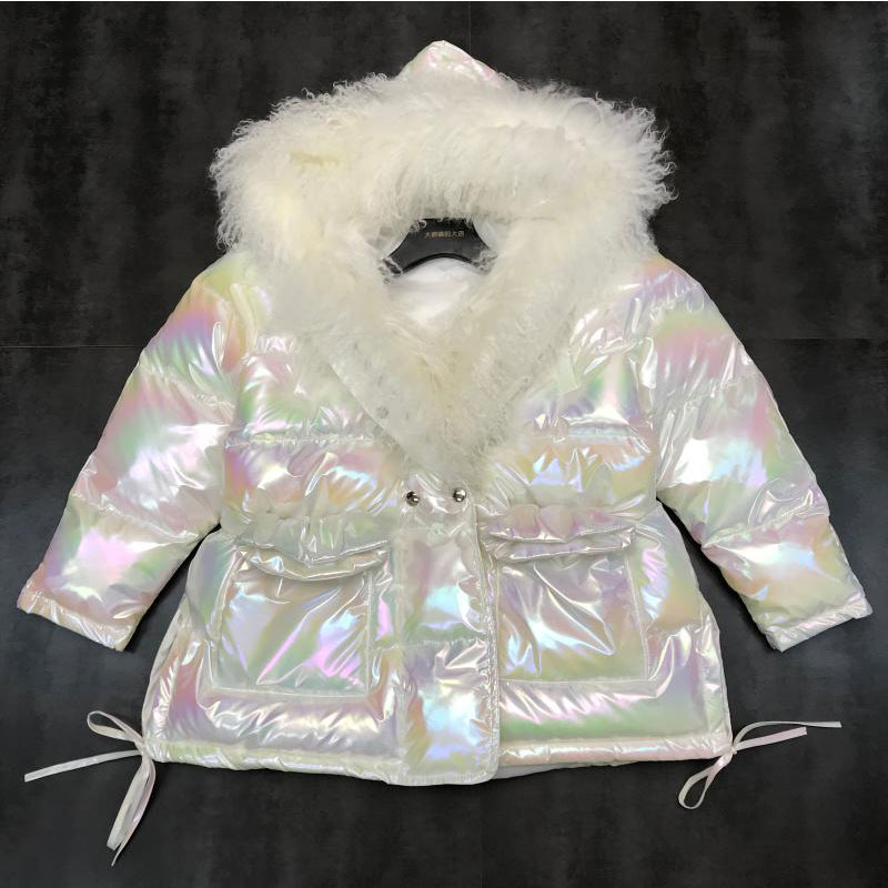 

New Autumn and Winter Coat Women's Down Cotton Jacket Female Large Sheep Fur Collar Midi Long Parka Korean Fashion Padded Coats, White