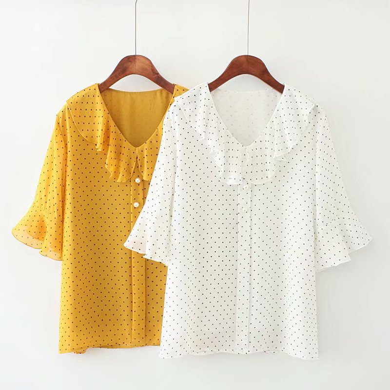 

2020 New Fashion Brand Oversize Plus Size Shirt Petal Sleeve Casual V-neck Solid Half, White