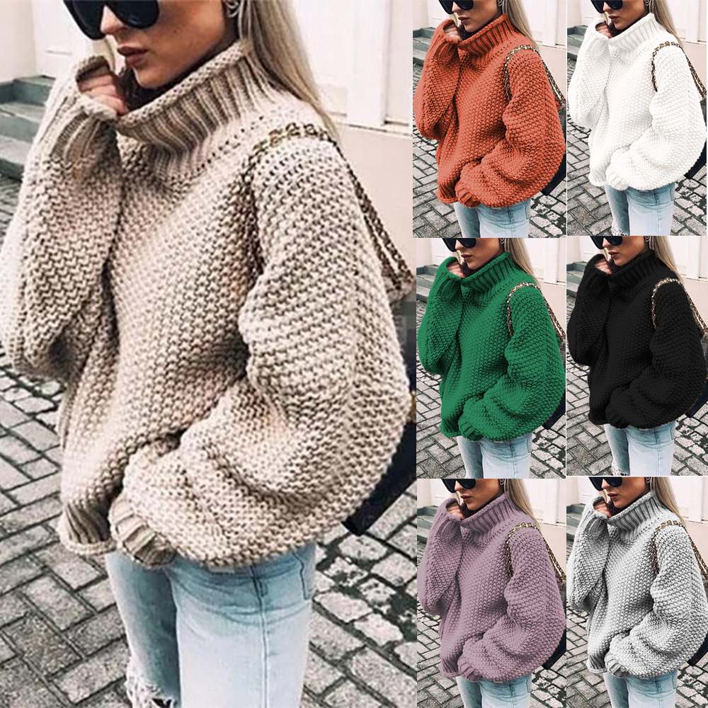 

6-color Women's knits tees thicken cable-knit sweater solid color autumn winter tops warnly turtleneck collar bat sleeve Knitwear shirt casual loose coat S-3XL, White