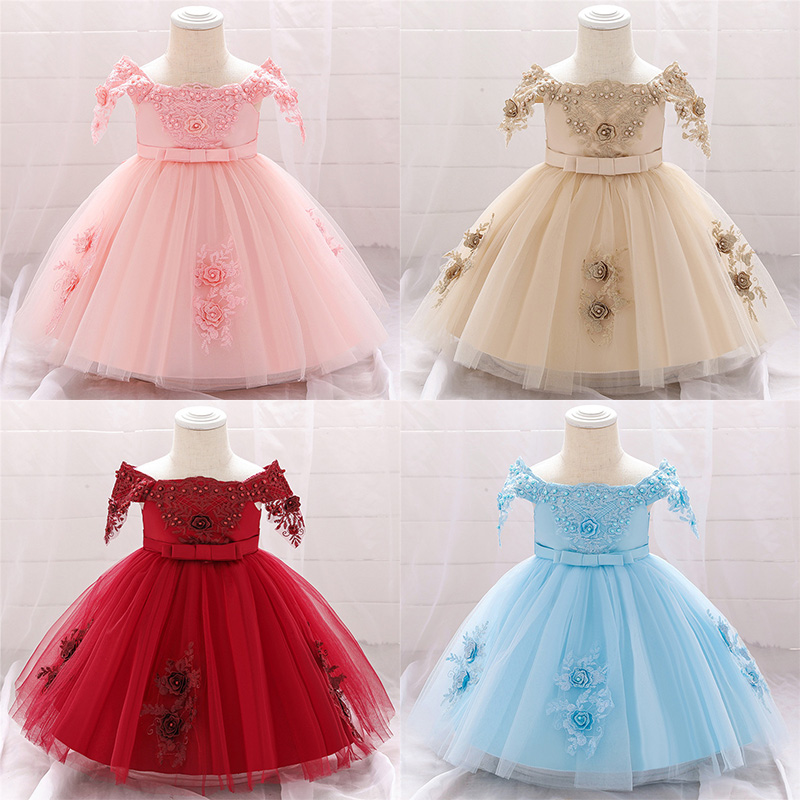 

Baby girl Elegant Dress Tutu Dress Hundred Day Bow Embroidered Flower Beaded princess Children's Clothing Birthday Party, Red