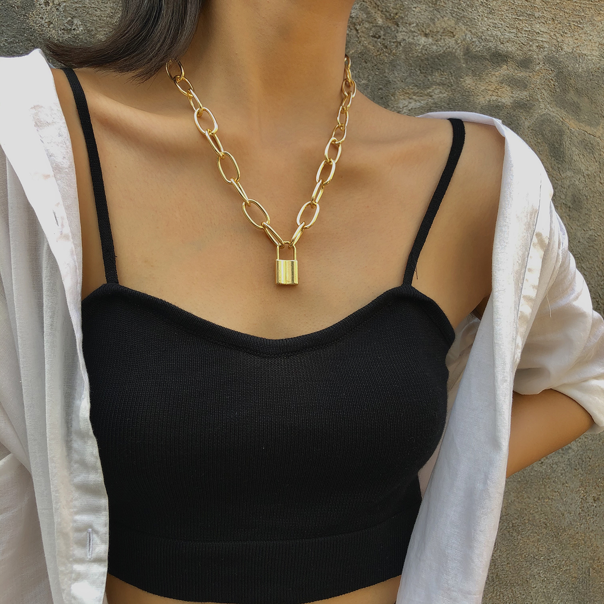 

Punk Gold Color Lock Pendant Necklace Statement Curb Cuba Chunky Thick Choker Necklace Collar For Women Jewelry