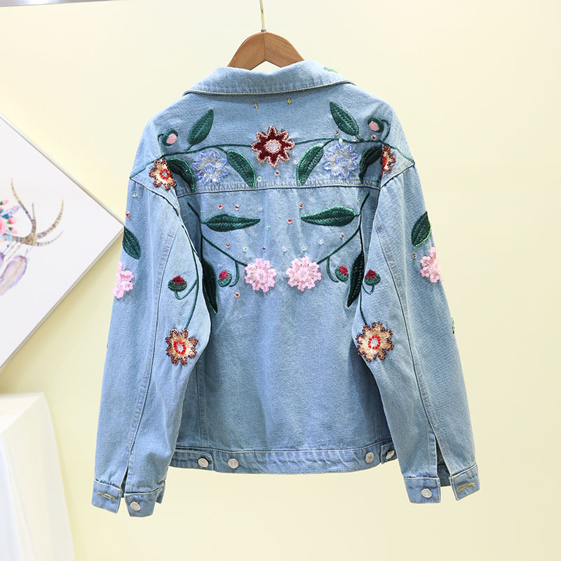 

Floral Embroidery Lady Women Elegant Single Breasted Slim Jeans Coat Autumn Outwear Basic Denim Jacket, Blue