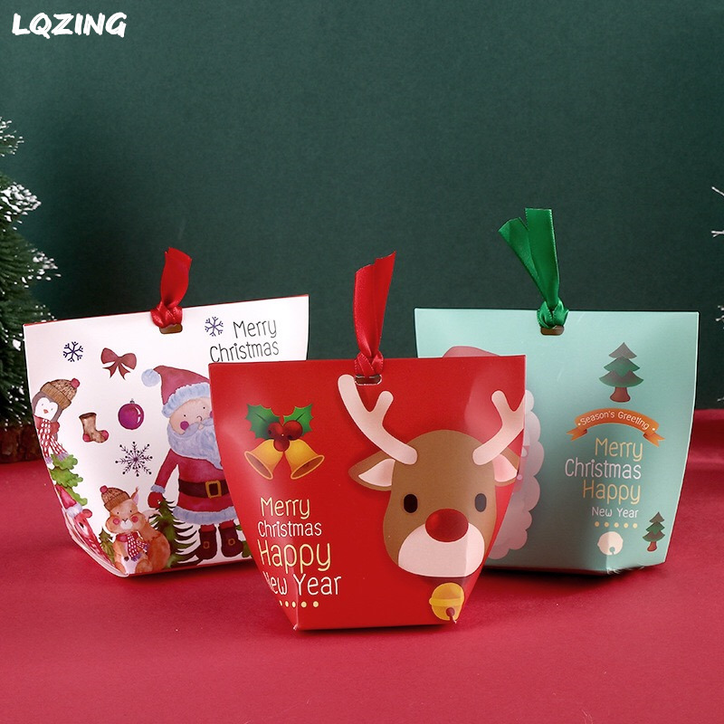 

50x Merry Christmas Paper Bag Christmas Elk Cookie Gift Packing Bag Gift Paper Kraft Candy Cookies Box with ribbon