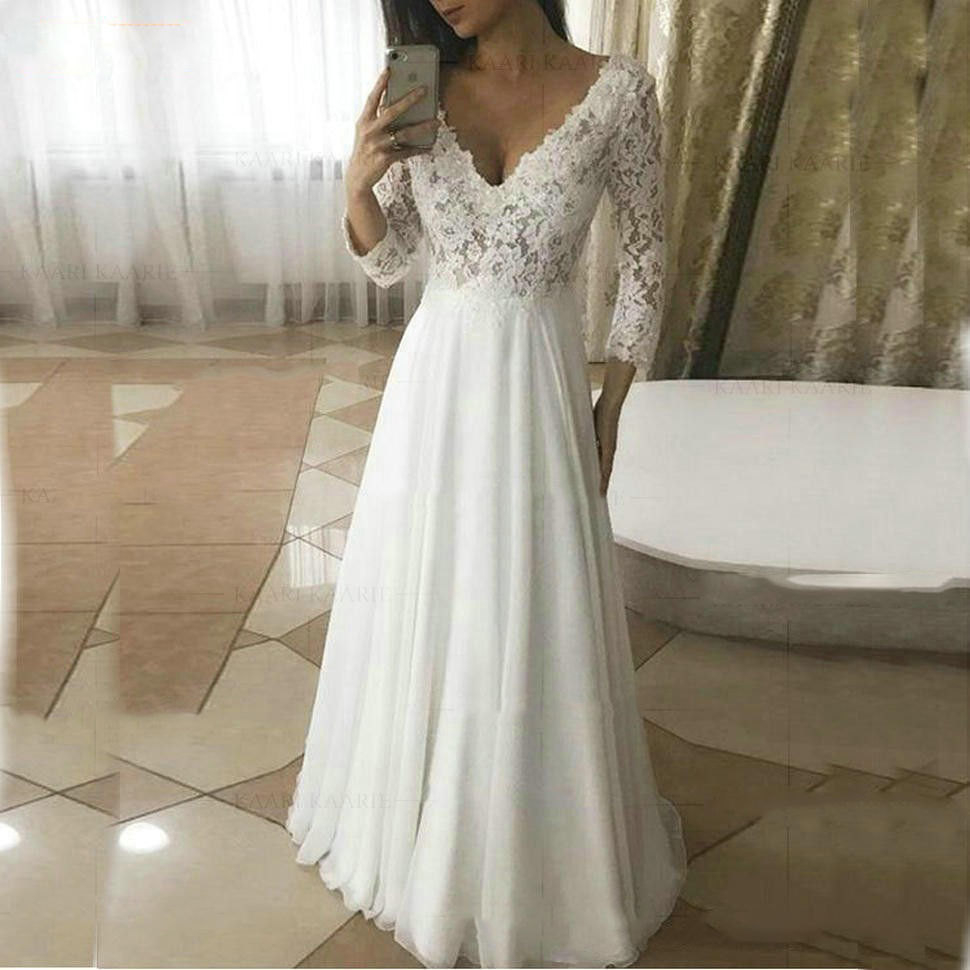 

Elegant Chiffon Boho Deep V-Neck Wedding Dresses Long Sleeves Country Style A Line Wedding Gowns Floor Length Bridal Dress, Champagne