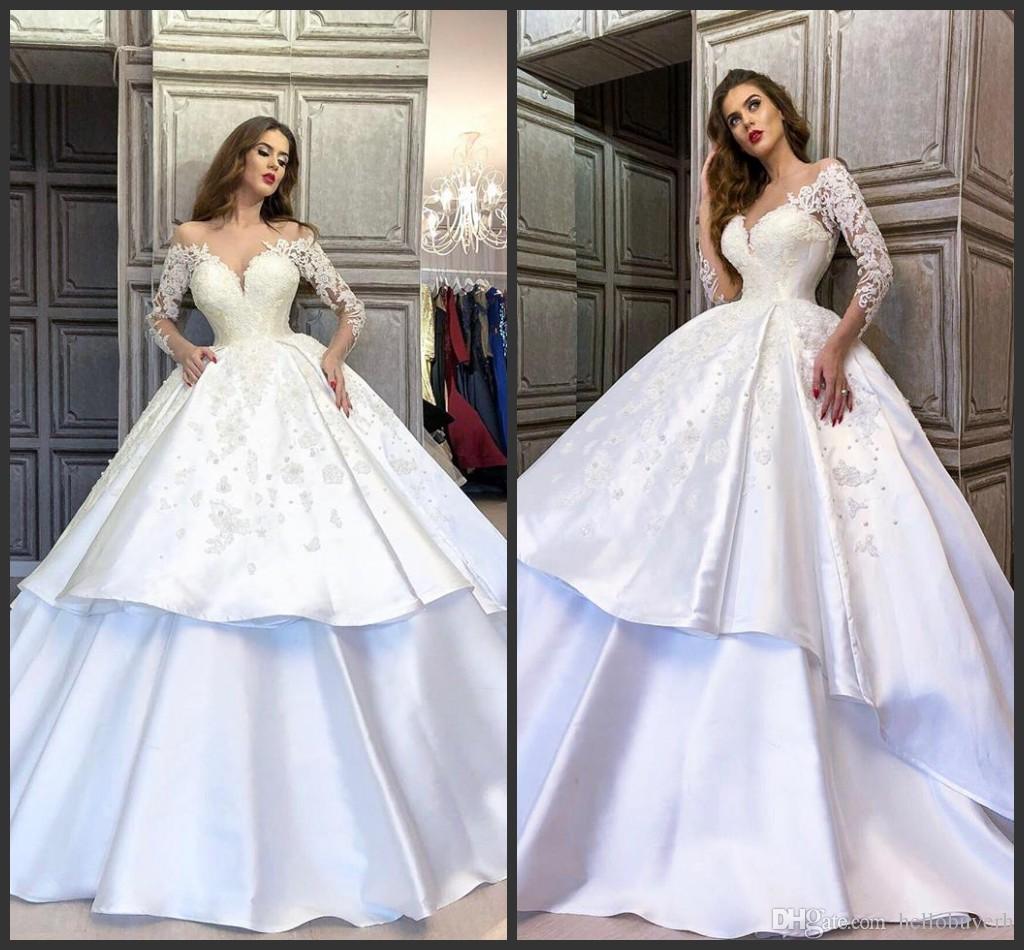 

White Satin Ball Gown Long Sleeve Muslim African Satin Plus Size Wedding Guest Dress Cheap vestito da sposa China Bridal gowns Custom 2019, Custom made from color chart